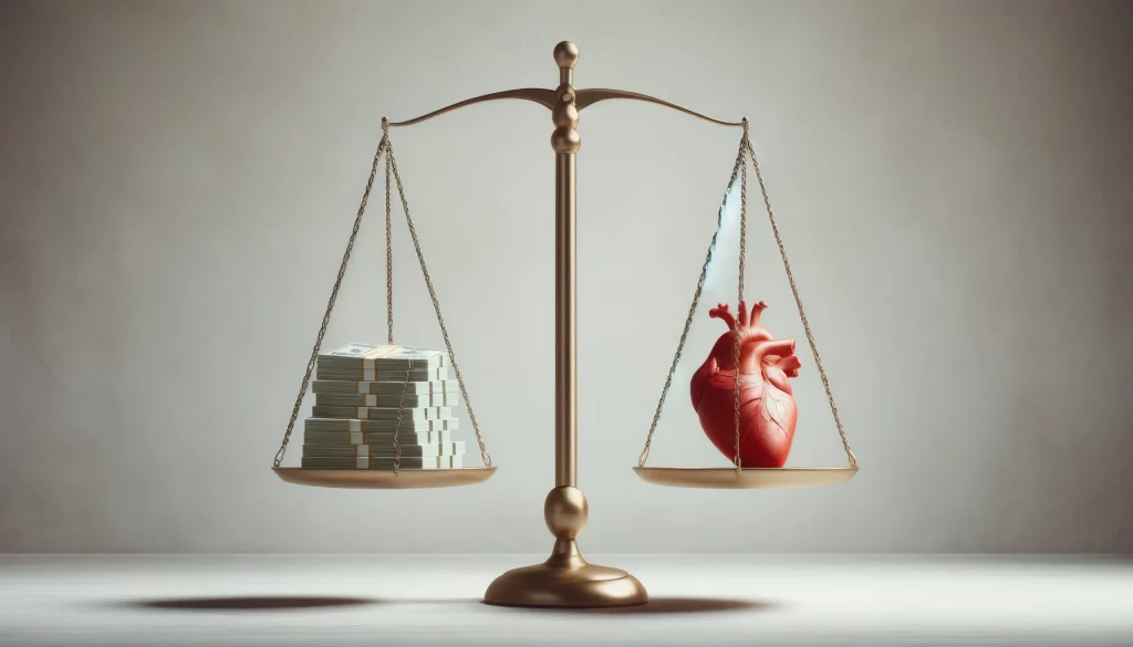 DALL·E 2024-06-20 14.55.51 - A visual representation of the relationship between price and value, questioning if it's possible to quantify a life. The image should depict a balanc